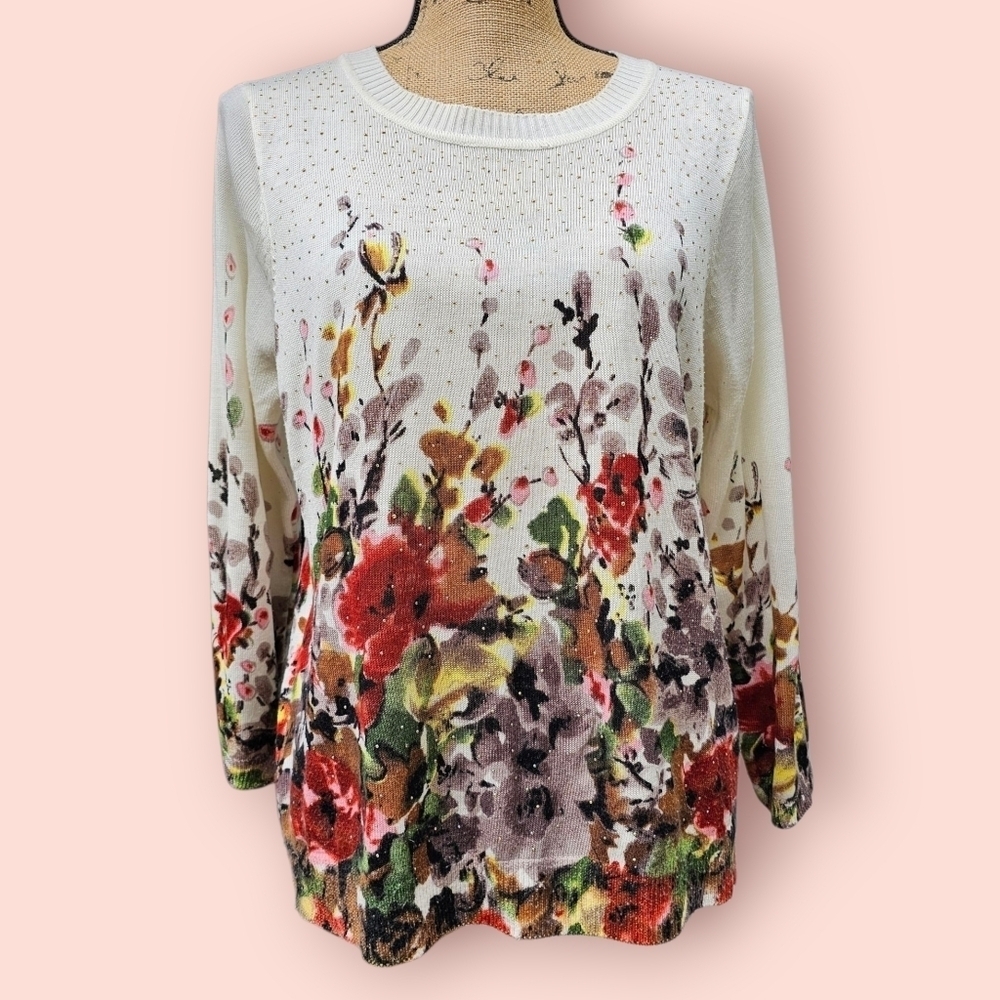 Rebecca Malone Women's Lightweight Rhinestone & Watercolor Floral Sweater,  L